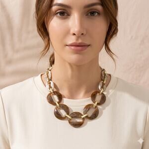 Brown Gradient Oval Acrylic Card Necklace With KC Gold Plated Alloy